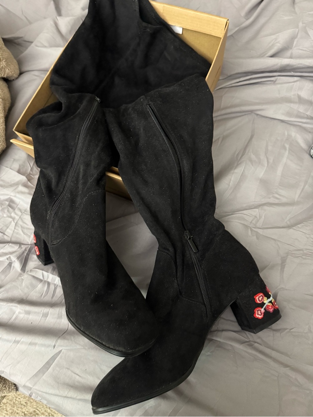 Black Suede Knee-High Heeled Boots with Embroidered Block Heel
